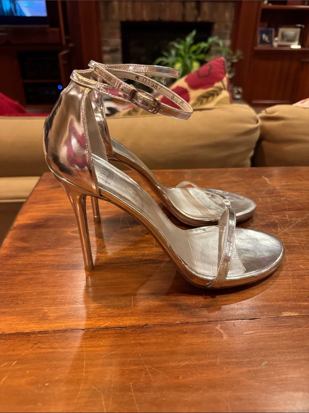 Stuart Weitzman Silver Vero Cucio Metallic Open Toe Heel Strap 8 1/2 Wedding EXC